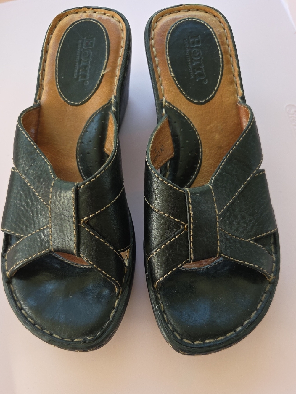 Born Black Leather Slide Mules with Contrast Stitching
